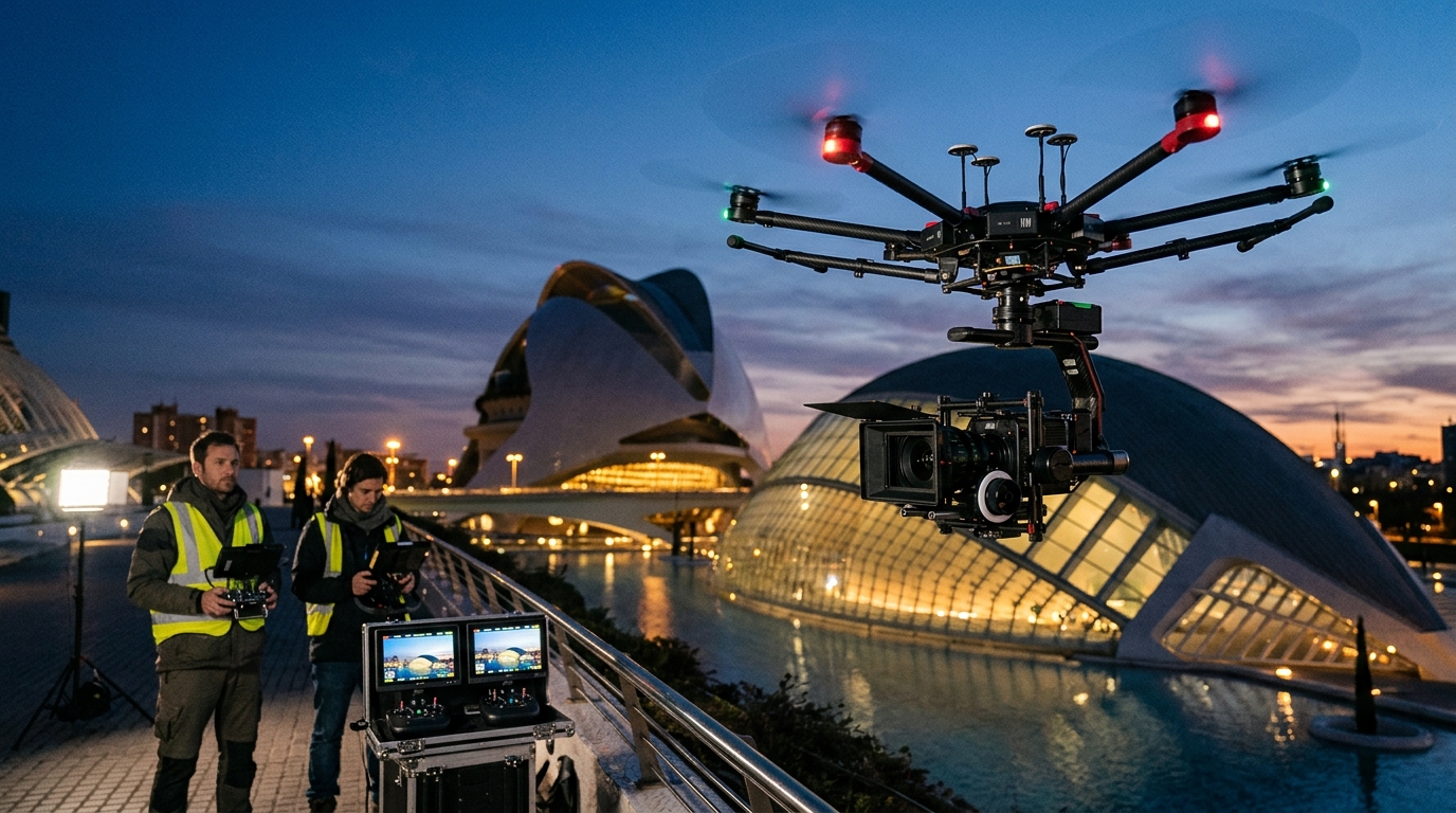 Services drone hovering over architectura